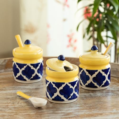 Image 1 of Default Title for the product ExclusiveLane 'Moroccan' Ceramic Pickle Jars for Dining Table With Spoon (Set Of 3, Non-Airtight, 310 ml, Multi-Purpose) | Pickle Jar With Spoon Achar Jar Set Achar Container Set for Dining Table|