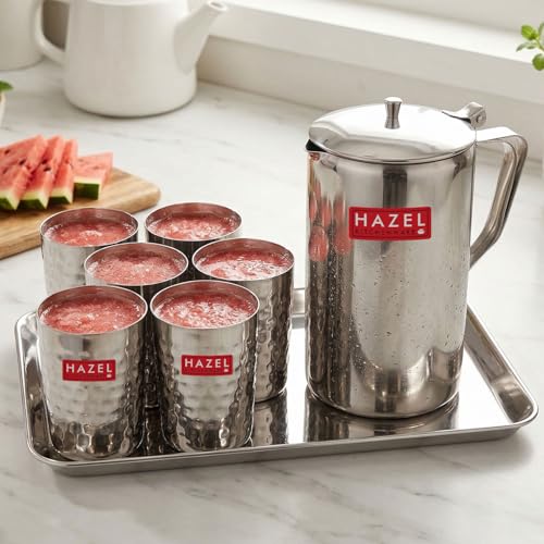 Image 1 of Default Title for the product HAZEL Steel Jug with Hammered Glasses and Tray Combo of 8