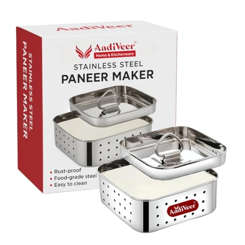 Image 1 of 300 ml for the product AadiVeer Stainless Steel Paneer Maker | Tofu Maker Square Mould, Paneer Press With Lid | Whey Seperator | Small Size - 300ml