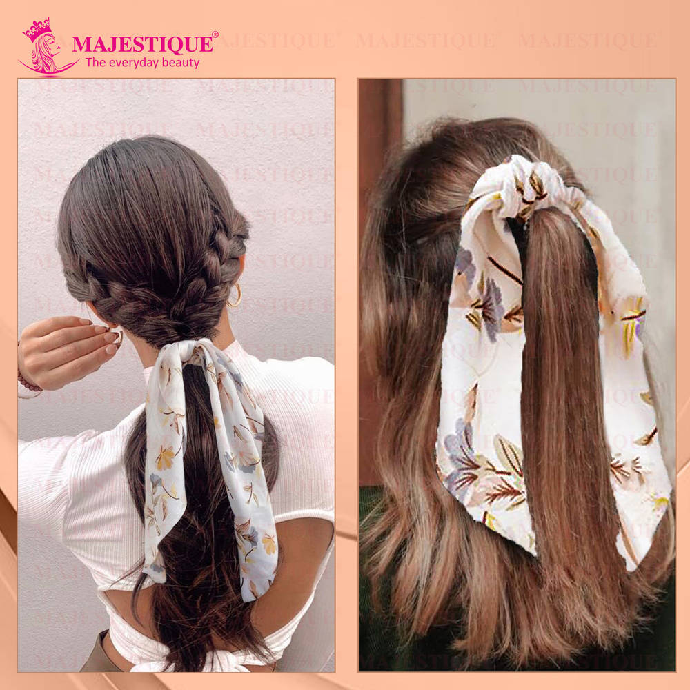 Image 4 of Majestique Hair Scarf Scrunchies Printed Satin Silk Elastic Bow Scrunchies - 1 Pc