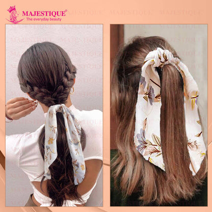 Image 4 of Majestique Hair Scarf Scrunchies Printed Satin Silk Elastic Bow Scrunchies - 1 Pc