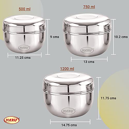 Image 3 of MARU Steel Kitchen Storage Container Set of 3, Apple Shape Stainless Steel Dabba with Lids, Heavy Gauge Mirror Finish, Stackable Food Storage Containers for Kitchen & Fridge, 500ml, 750ml, 1200ml