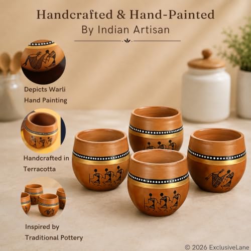 Image 2 of ExclusiveLane Warli Clay Terracotta Kullad Cups Set (Set of 4, 220 ml)