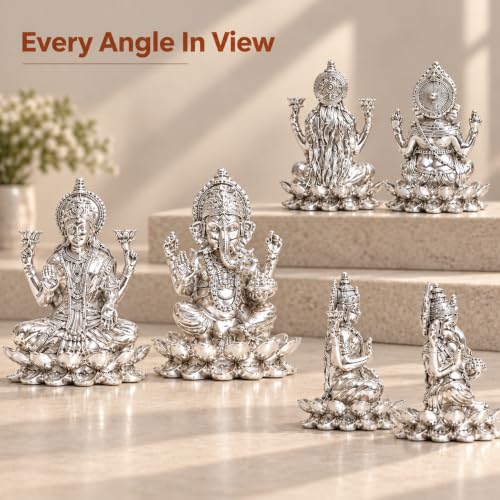 Image 4 of elaris 999 Pure Silver Plated Lakshmi Ganesha Idol on Lotus Showpiece – 5.1 Inch, Silver Plated