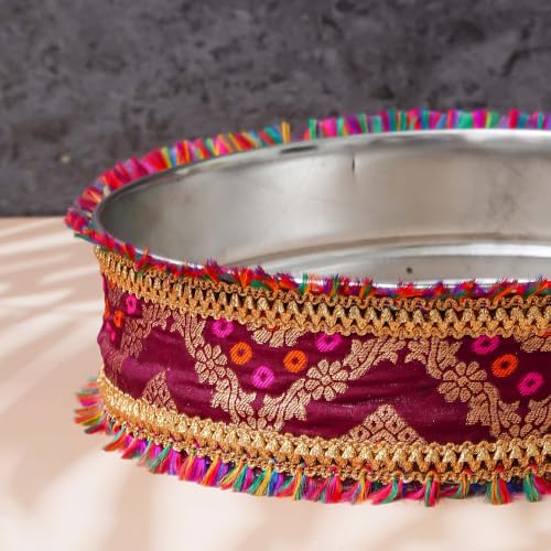Image 7 of eCraftIndia Brown and Golden Decorative Handcrafted Stainless Steel Karwa Chauth Pooja Thali Set with Plate, Chalni, Lota & Chunri
