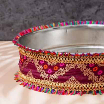 Image 7 of eCraftIndia Brown and Golden Decorative Handcrafted Stainless Steel Karwa Chauth Pooja Thali Set with Plate, Chalni, Lota & Chunri