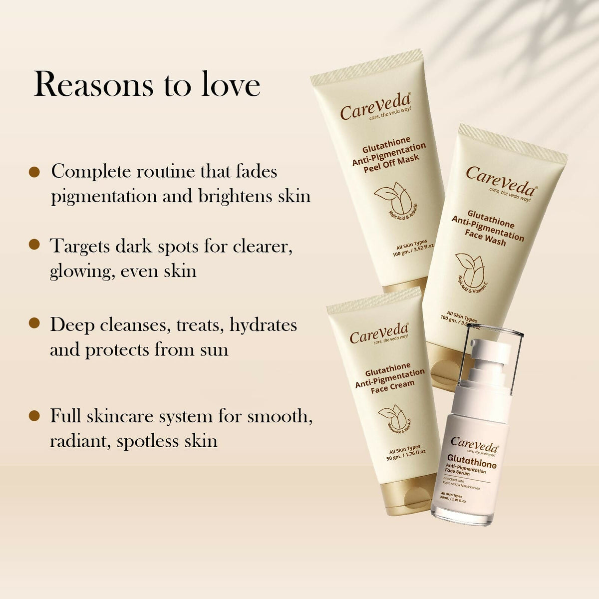 Image 3 of CareVeda Glutathione Skin Care Set of 4 | Face Wash & Cream, Peel off Mask, Serum for Bright & Even-Toned Skin