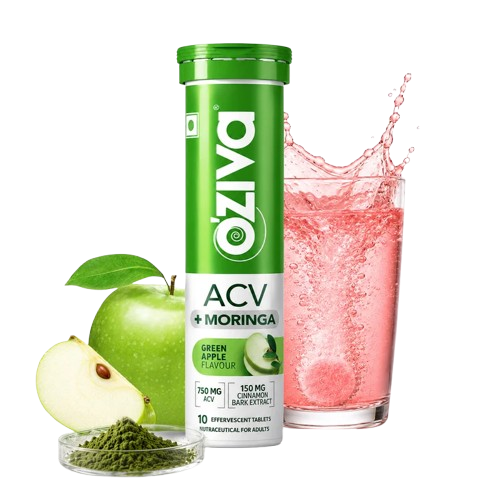 Image 1 of Pack of 1 / 15 tabs for the product OZiva ACV Moringa For Weight Loss 3-in-1 Fat Oxidation Formula Tablets - Green Apple Flavor