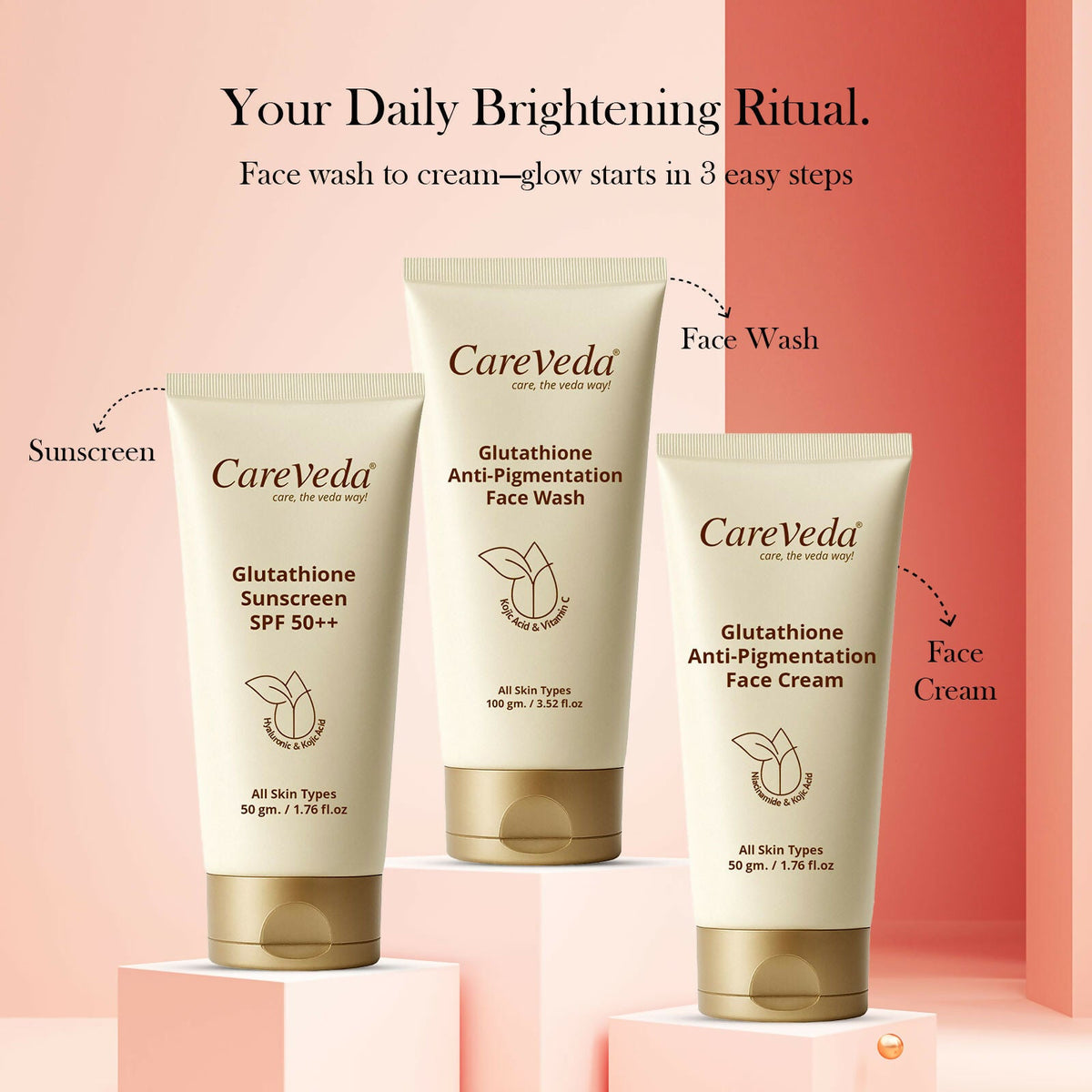 Image 3 of CareVeda Glutathione Skin Care Set of 3 | Face Cream & Face Wash, Sunscreen for Bright, Even-Toned Skin | Anti-Pigmentation & Glow Boost | For Men & Women