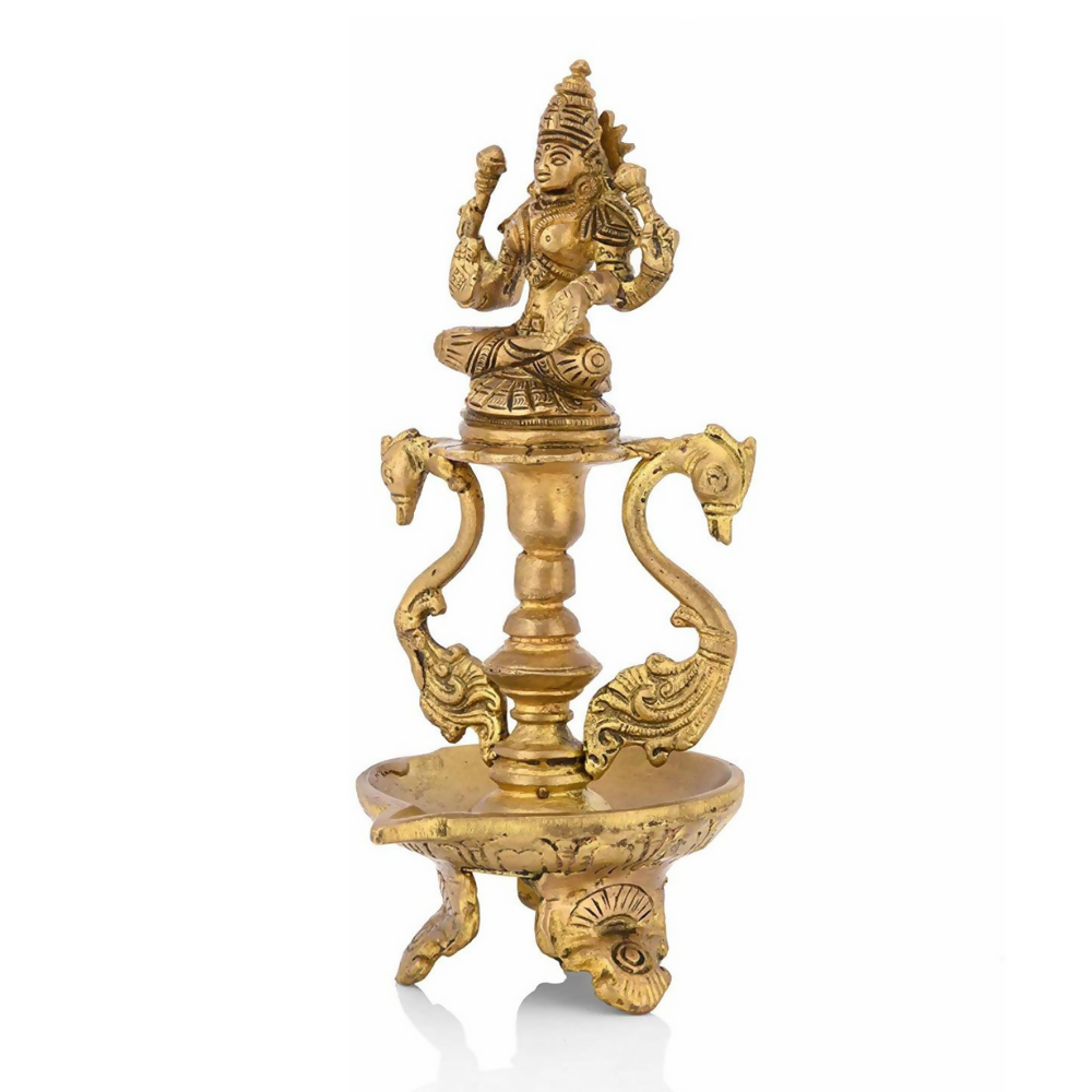 Image 2 of CraftVatika Brass Antique Laxmi Diya Oil Lamp Statue Lakshmi Peacock Puja Dia Table Diya Brass Table Diya