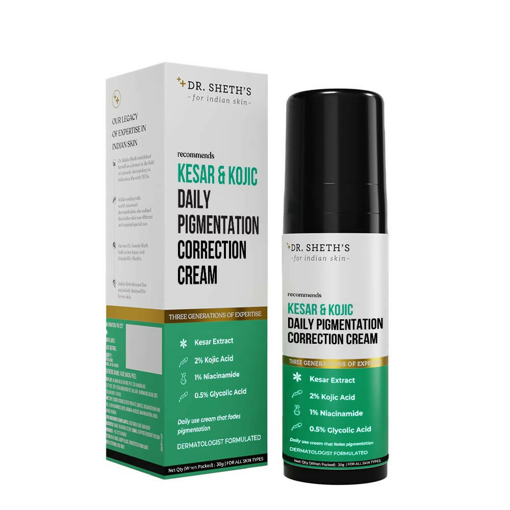 Image 1 of 30 gm / Pack of 1 for the product Dr. Sheth's Kesar & Kojic Daily Pigmentation Correction Face Cream With 1% Niacinamide, Removes Tan & Depigments Skin