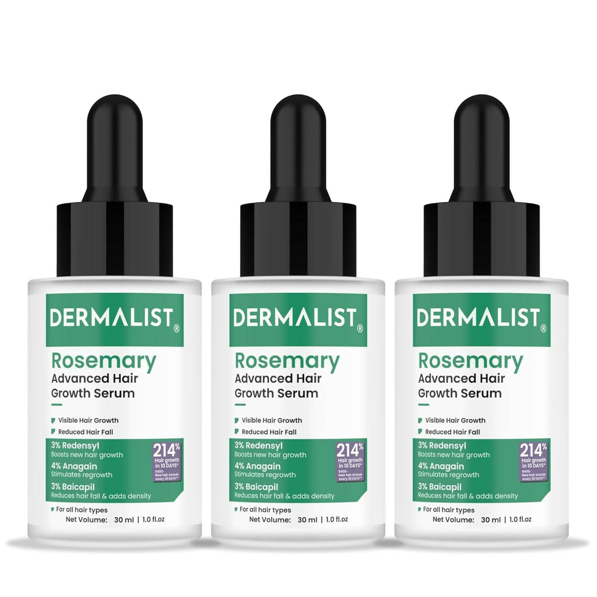 Image 2 of 30 ml / Pack of 3 for the product Dermalist Rosemary Hair Growth Serum with 3% Redensyl, 4% AnaGain & 3% Baicapil