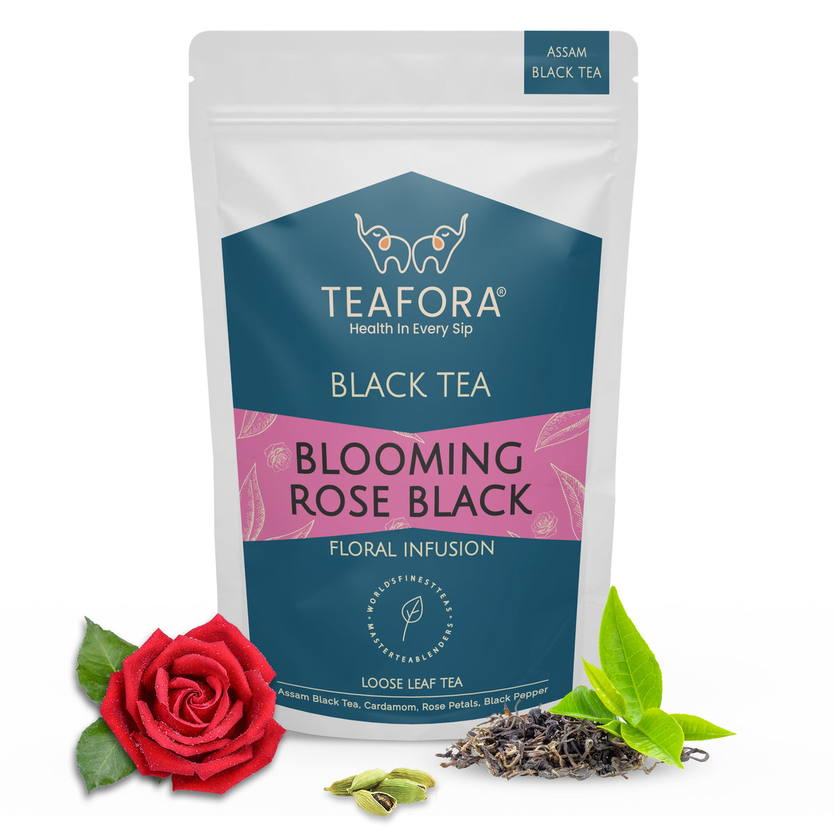 Image 1 of TEAFORA Blooming Rose Black Tea | Assam Loose Leaf Tea | Robust & Flavorful | Blended with Rose Petals, Cardamom, Saffron & Almond | 100% NATURAL INGREDIENTS