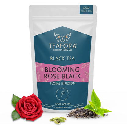 Image 1 of TEAFORA Blooming Rose Black Tea | Assam Loose Leaf Tea | Robust & Flavorful | Blended with Rose Petals, Cardamom, Saffron & Almond | 100% NATURAL INGREDIENTS