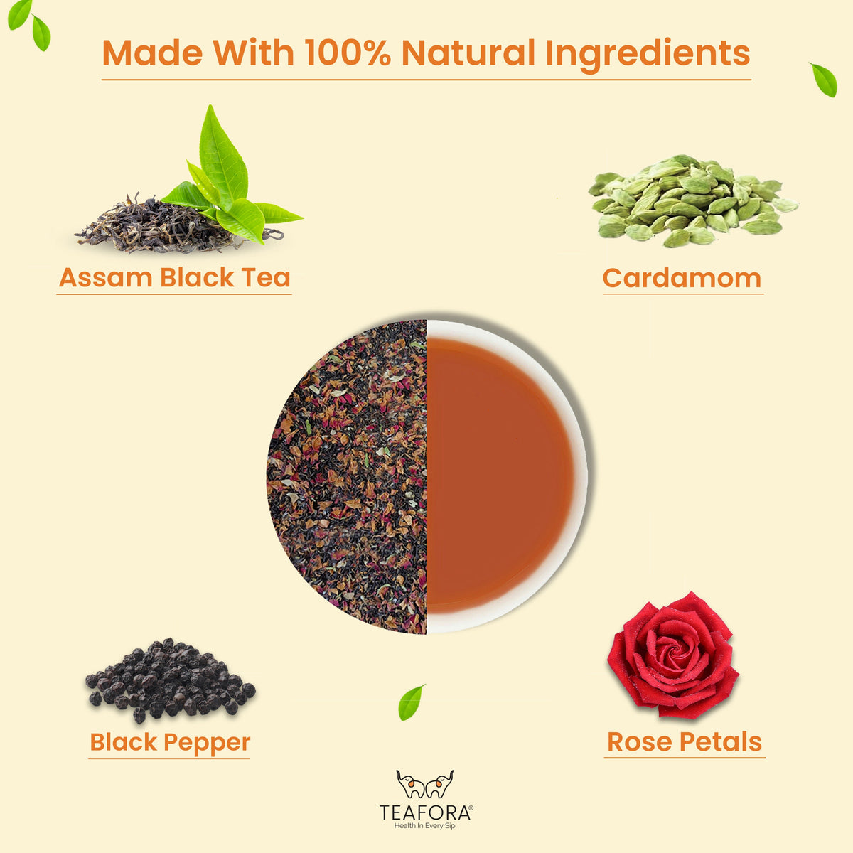 Image 3 of TEAFORA Blooming Rose Black Tea | Assam Loose Leaf Tea | Robust & Flavorful | Blended with Rose Petals, Cardamom, Saffron & Almond | 100% NATURAL INGREDIENTS