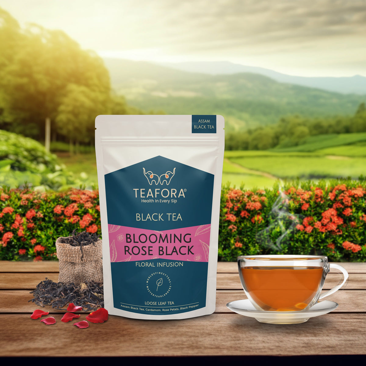 Image 2 of TEAFORA Blooming Rose Black Tea | Assam Loose Leaf Tea | Robust & Flavorful | Blended with Rose Petals, Cardamom, Saffron & Almond | 100% NATURAL INGREDIENTS