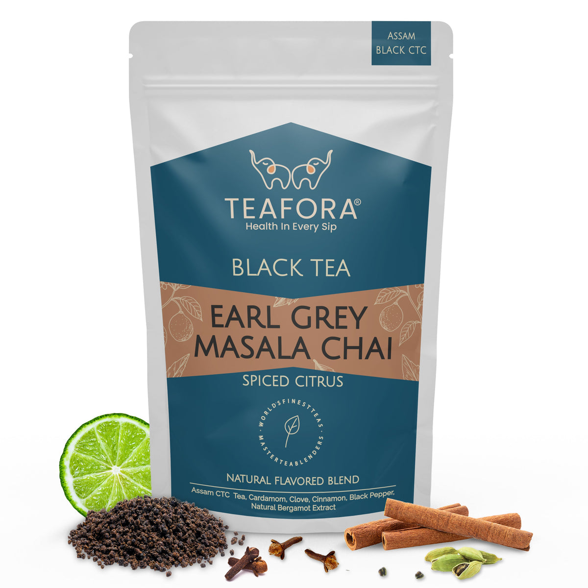 Image 1 of TEAFORA Earl Grey Masala Chai Tea | Spiced Citrus | Blend of Assam CTC, Cardamom, Cinnamon, Black Pepper, Clove, Natural Bergamot Extract | 100% NATURAL