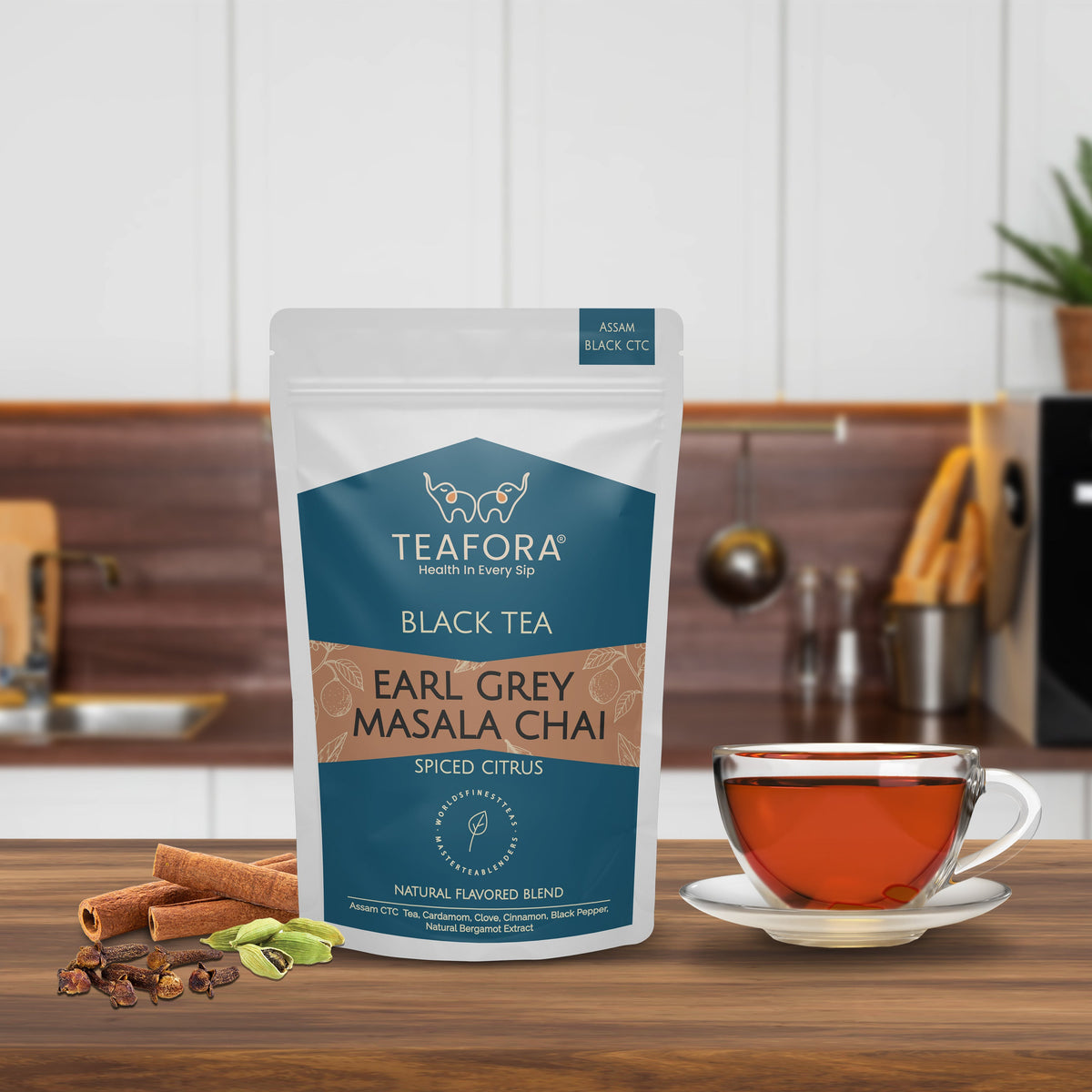 Image 2 of TEAFORA Earl Grey Masala Chai Tea | Spiced Citrus | Blend of Assam CTC, Cardamom, Cinnamon, Black Pepper, Clove, Natural Bergamot Extract | 100% NATURAL
