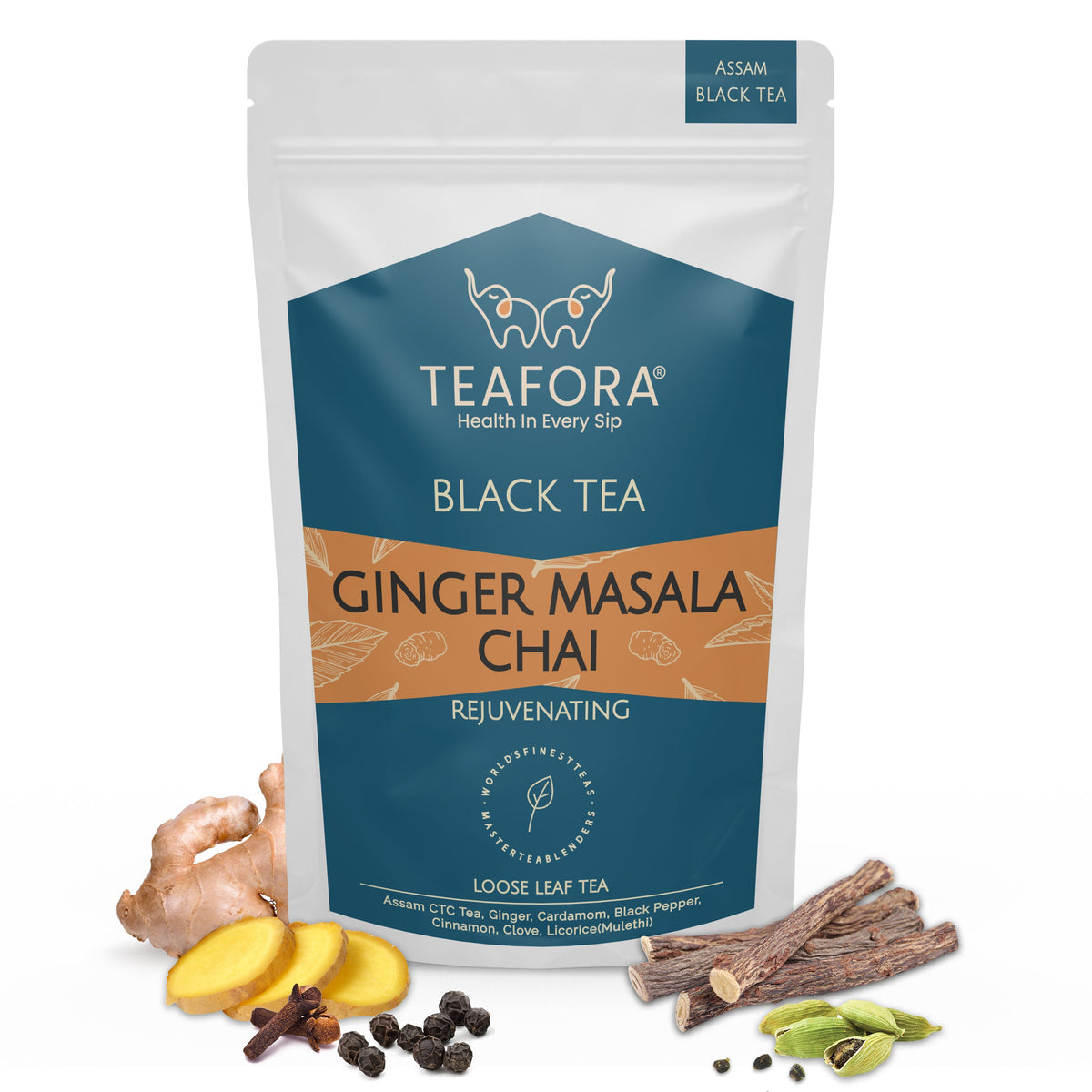 Image 1 of TEAFORA Ginger Masala Chai Tea | Assam CTC Loose Black Tea | Blended with Authentic Indian Spices | Indian Ginger Tea | 100% NATURAL INGREDIENTS