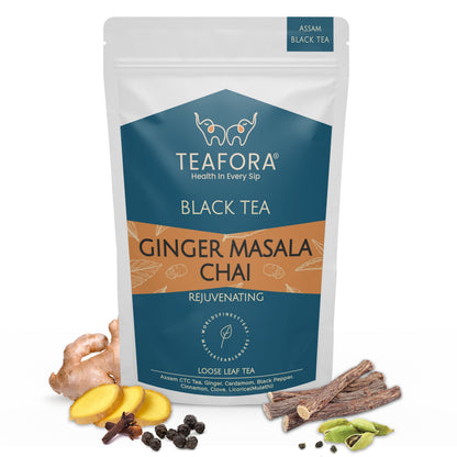 Image 1 of TEAFORA Ginger Masala Chai Tea | Assam CTC Loose Black Tea | Blended with Authentic Indian Spices | Indian Ginger Tea | 100% NATURAL INGREDIENTS