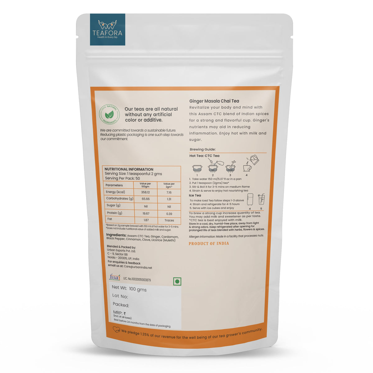 Image 4 of TEAFORA Ginger Masala Chai Tea | Assam CTC Loose Black Tea | Blended with Authentic Indian Spices | Indian Ginger Tea | 100% NATURAL INGREDIENTS