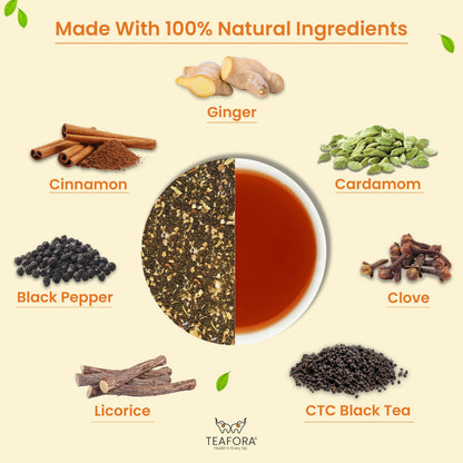 Image 3 of TEAFORA Ginger Masala Chai Tea | Assam CTC Loose Black Tea | Blended with Authentic Indian Spices | Indian Ginger Tea | 100% NATURAL INGREDIENTS