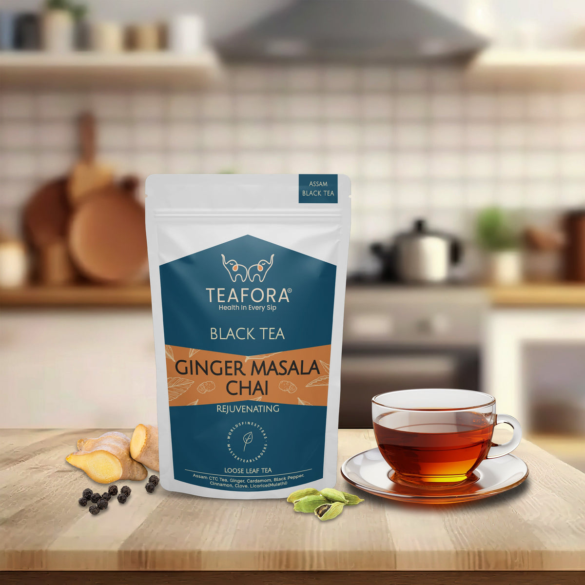 Image 2 of TEAFORA Ginger Masala Chai Tea | Assam CTC Loose Black Tea | Blended with Authentic Indian Spices | Indian Ginger Tea | 100% NATURAL INGREDIENTS