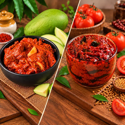Image 1 of combo for the product Tenali Ruchulu Pickles Combo: Mango Pickle + Tomato Pickle