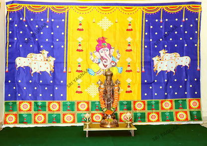 Image 3 of Sri Yagnaa M 30 – Ganesh & Gomatha Blue-Yellow Backdrop Cloth, 8 x 5 Ft