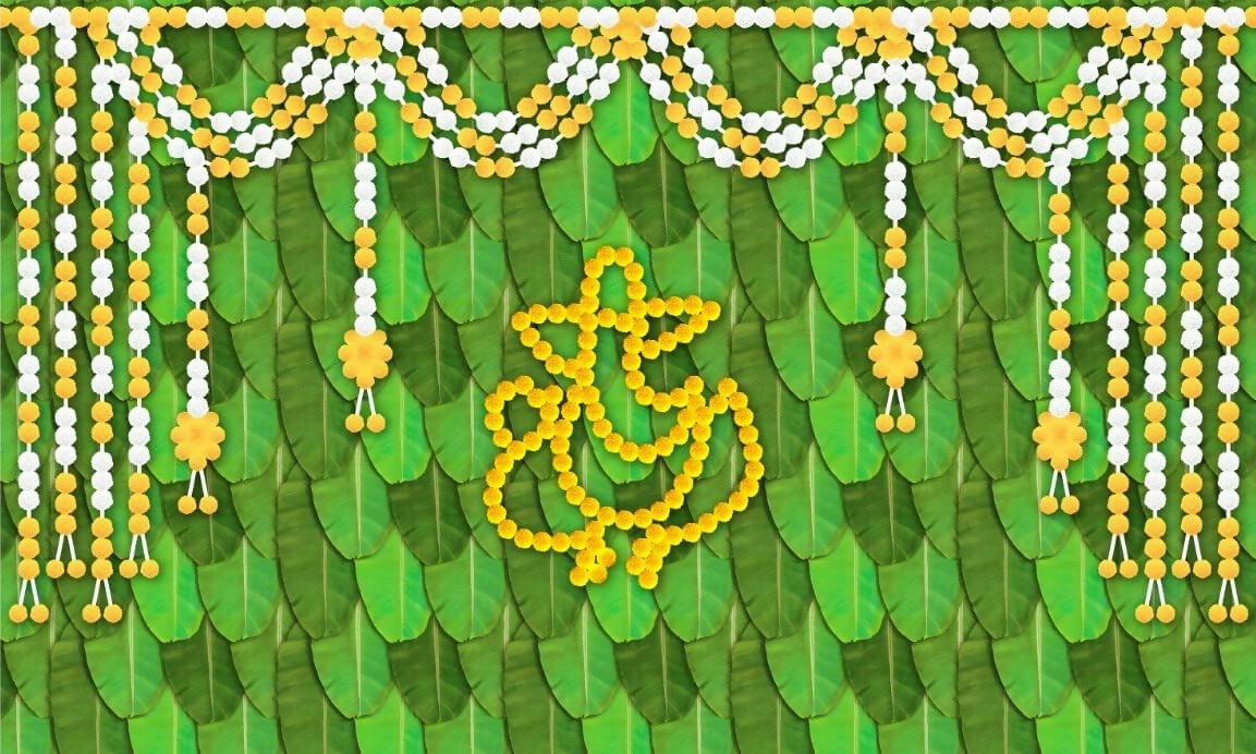 Image 5 of Sri Yagnaa M 33 – Ganesh Banana Leaf Backdrop Cloth with Flowers 8 x 5 Ft