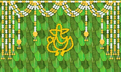 Image 5 of Sri Yagnaa M 33 – Ganesh Banana Leaf Backdrop Cloth with Flowers 8 x 5 Ft