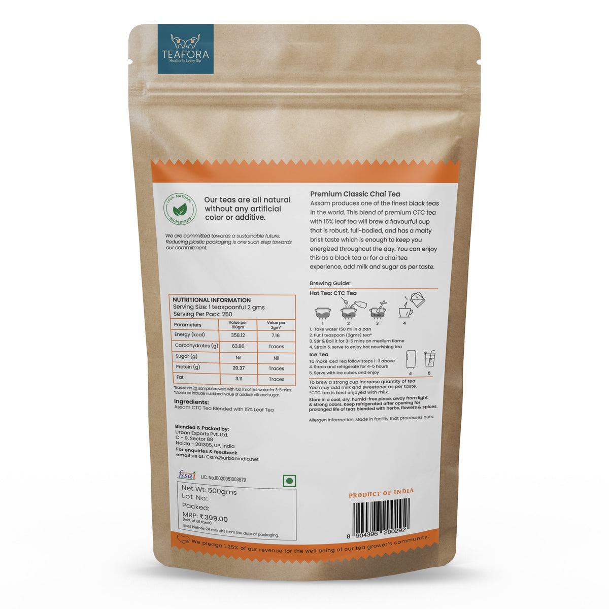 Image 3 of TEAFORA Premium Classic Black Tea | Full Bodied, Strong Assam CTC Tea Blended with 15% Whole Black Tea Leaves| Rejuvenating Everyday Chai Tea