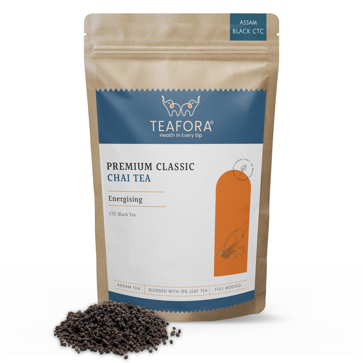 Image 1 of TEAFORA Premium Classic Black Tea | Full Bodied, Strong Assam CTC Tea Blended with 15% Whole Black Tea Leaves| Rejuvenating Everyday Chai Tea