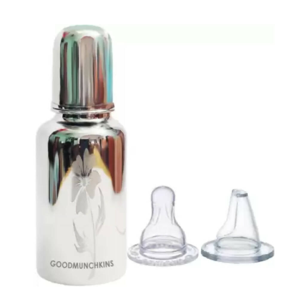 Image 1 of 220 ml for the product Goodmunchkins Stainless Steel Feeding Rustfree Bottle with 2 Anti Colic Silicone Nipple For Kids 220 ml