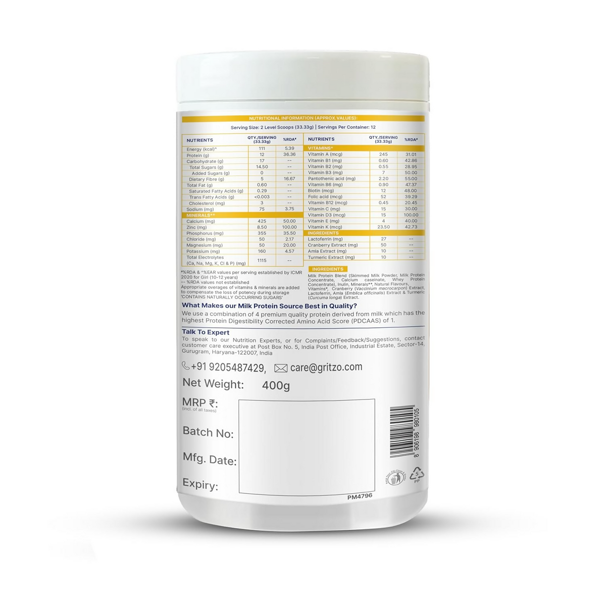 Image 4 of Gritzo SuperMilk Growth+ (Formerly Height+) Unsweetened Drink Mix (10-12y Girls) 12g Protein Powder - Creamy Vanilla