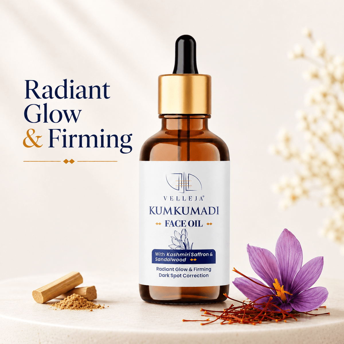 Image 1 of Velleja Kumkumadi Face Oil with Kashmiri Saffron & Sandalwood | Ayurvedic Anti Aging Face Serum for Brightening, Dark Spots & Pigmentation