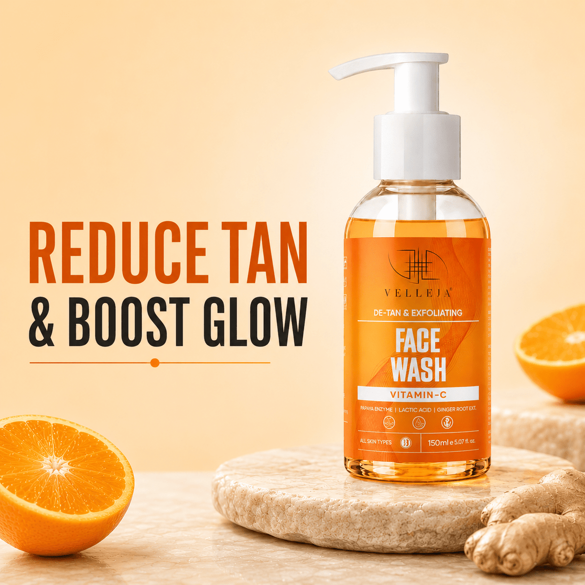 Image 1 of Velleja De-Tan & Exfoliating Face Wash | Vitamin C Tan Removal & Brightening Face Cleanser