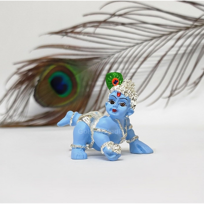 Image 1 of Default Title for the product Gold Art India Silver Plated Laddu Gopal Idol with Blue Terracotta