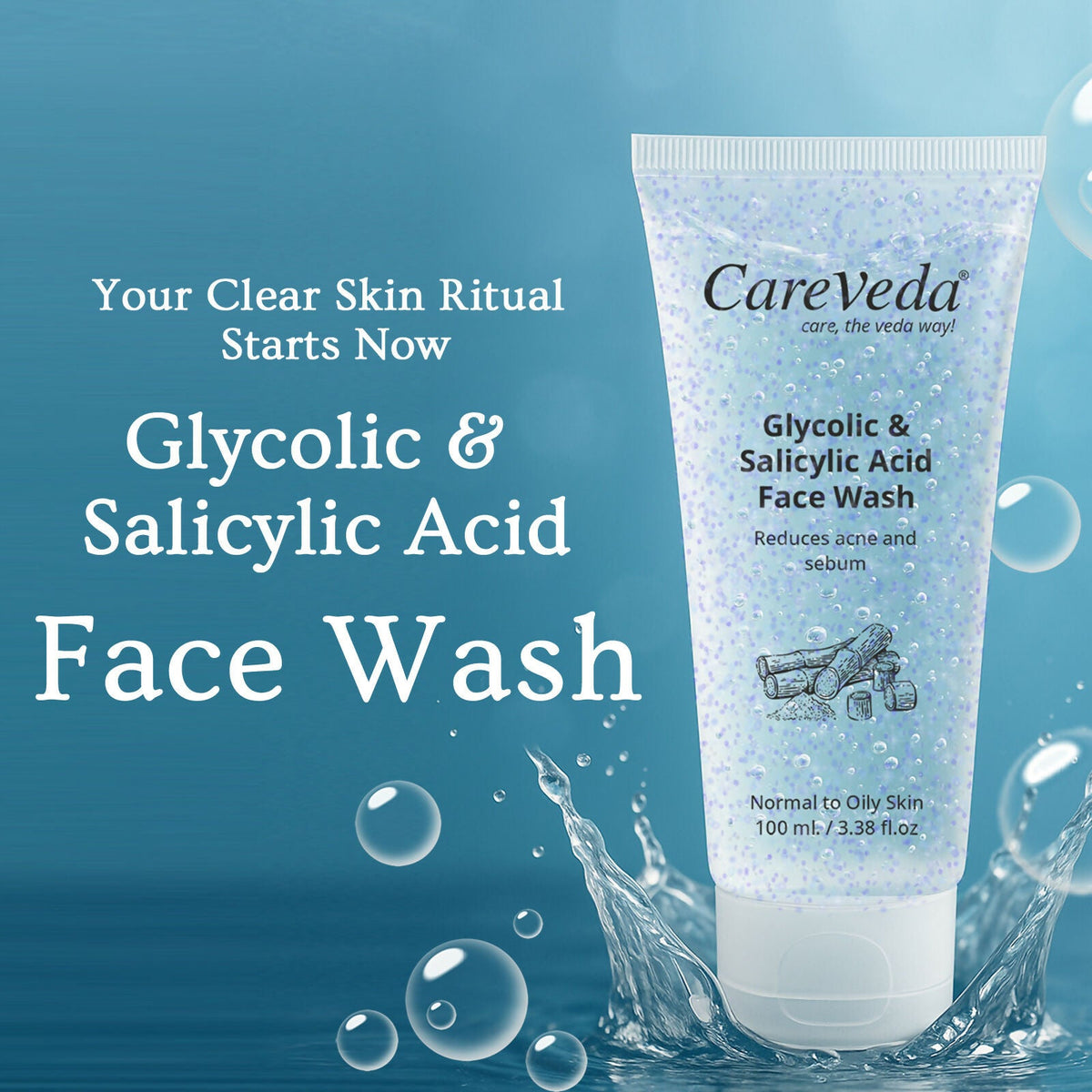 Image 3 of CareVeda Glycolic & 1% Salicylic Acid Face Wash for Acne & Oil Control