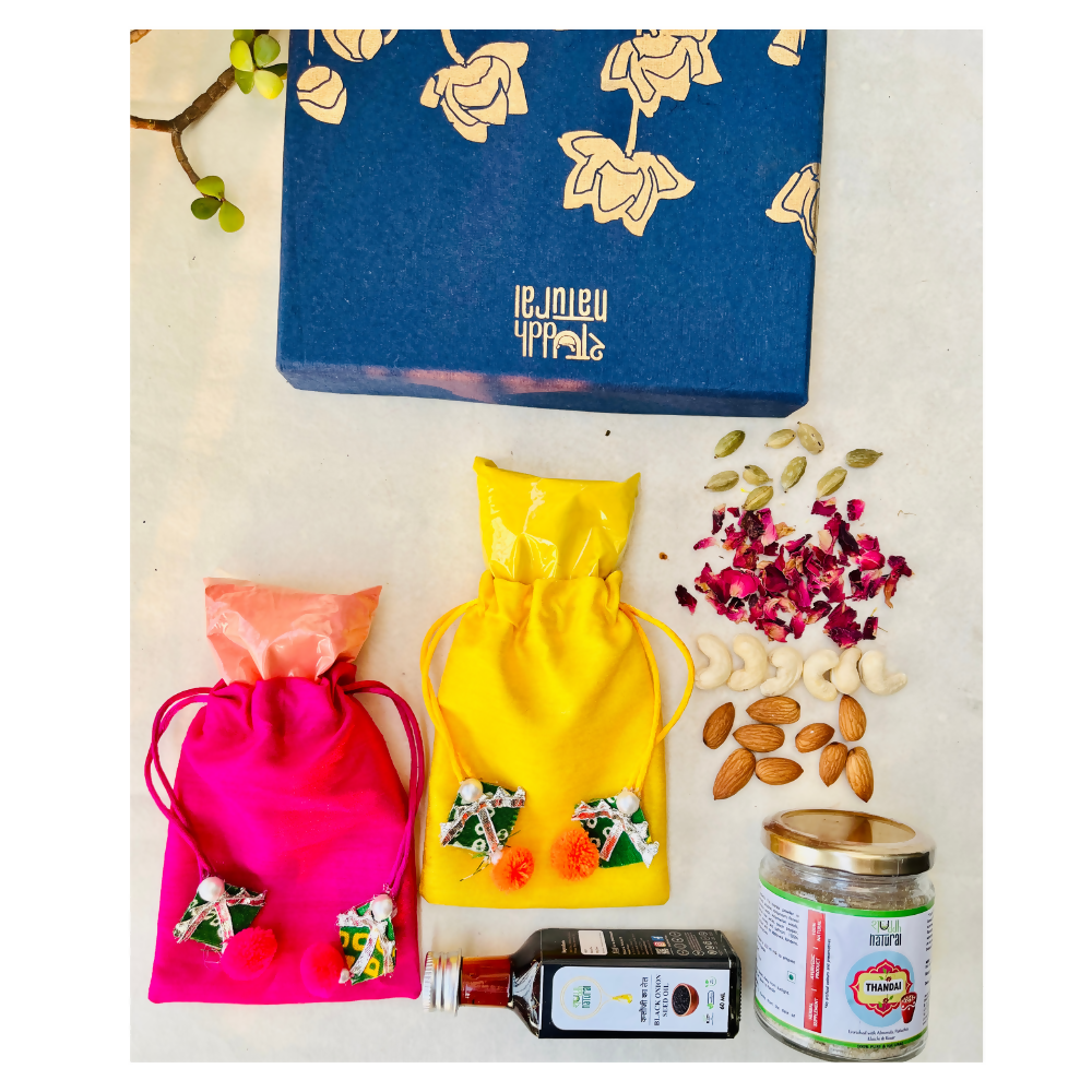 Image 1 of Shuddh Natural Ubtan Based Herbal Gulal, Ayurvedic Thandai Powder and Kalonji Hair Oil | Holi Gift Hamper