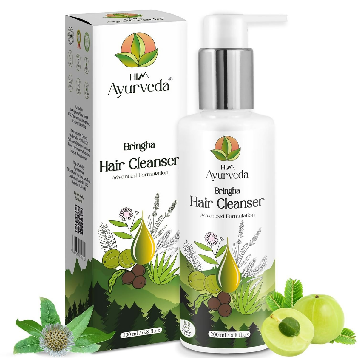 Image 1 of 200 ml for the product Him Ayurveda Green Tea Bringha Hair Cleanser Ayurvedic Shampoo For Hair Growth & Hair Fall Control