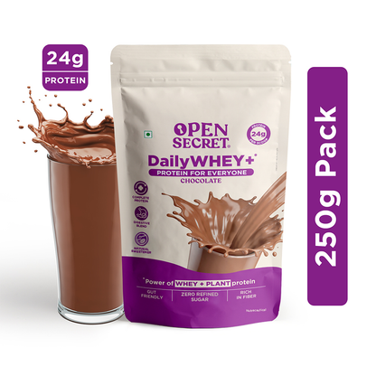 Image 2 of Open Secret DailyWHEY+ | Blend of Whey + Plant Protein | 24g Protein Per Scoop | Chocolate Flavor | 250 g