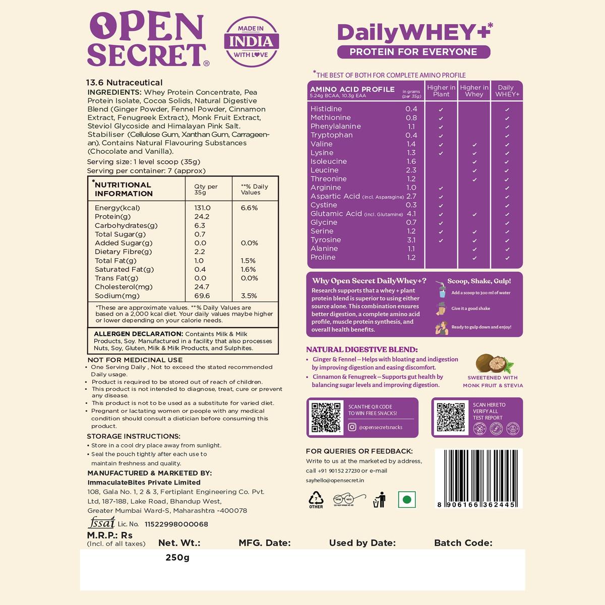 Image 5 of Open Secret DailyWHEY+ | Blend of Whey + Plant Protein | 24g Protein Per Scoop | Chocolate Flavor | 250 g