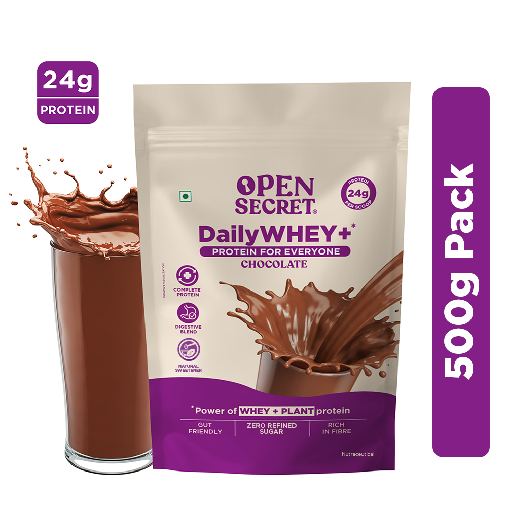 Image 2 of Open Secret DailyWHEY+ | Blend of Whey + Plant Protein | 24g Protein Per Scoop | Chocolate Flavor | 500 g