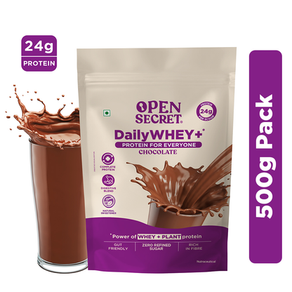 Image 2 of Open Secret DailyWHEY+ | Blend of Whey + Plant Protein | 24g Protein Per Scoop | Chocolate Flavor | 500 g