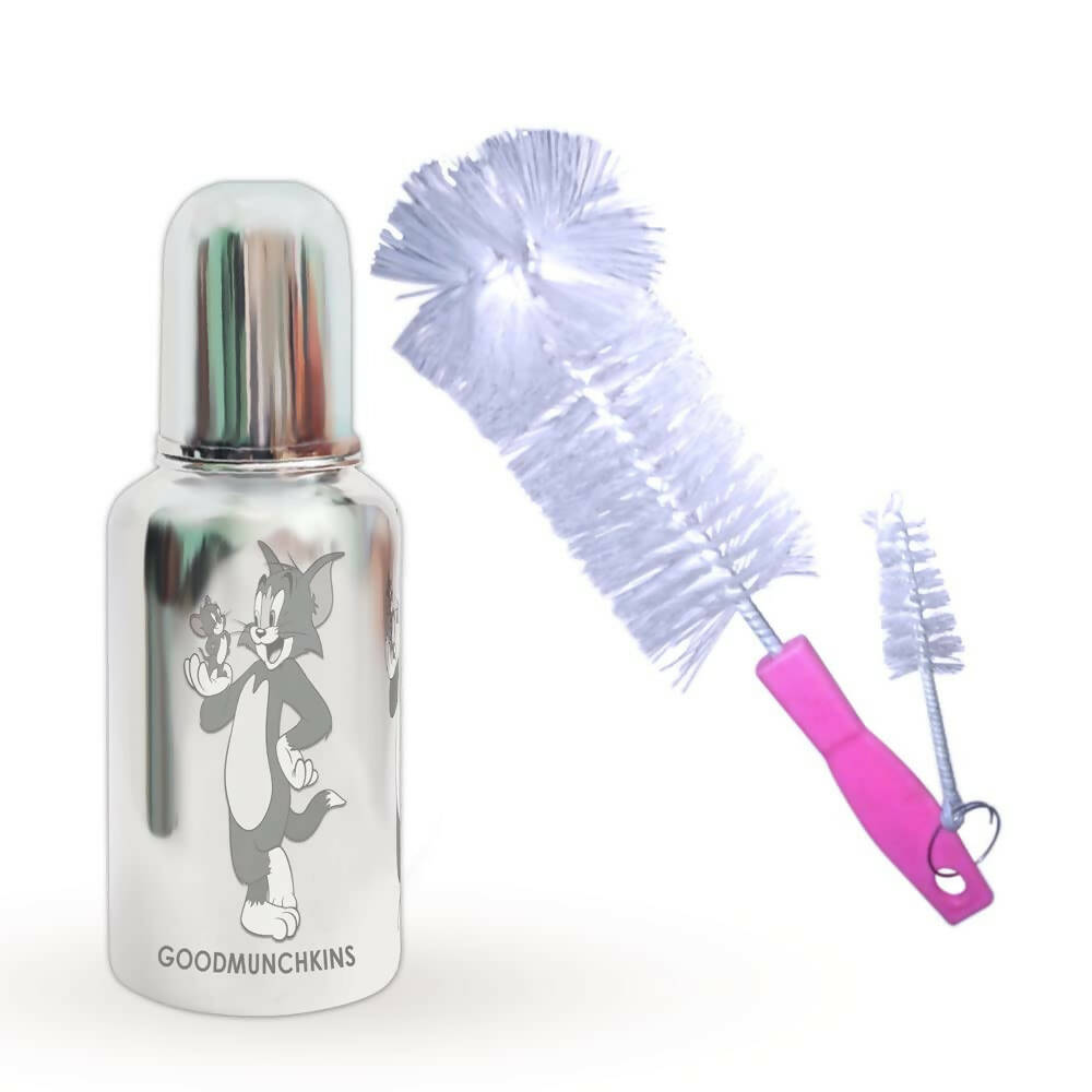 Image 1 of Goodmunchkins Stainless Steel Baby Feeding Bottle 304 Grade for Infants/Toddlers with Bottle Cleaning Pink Brush-220ml