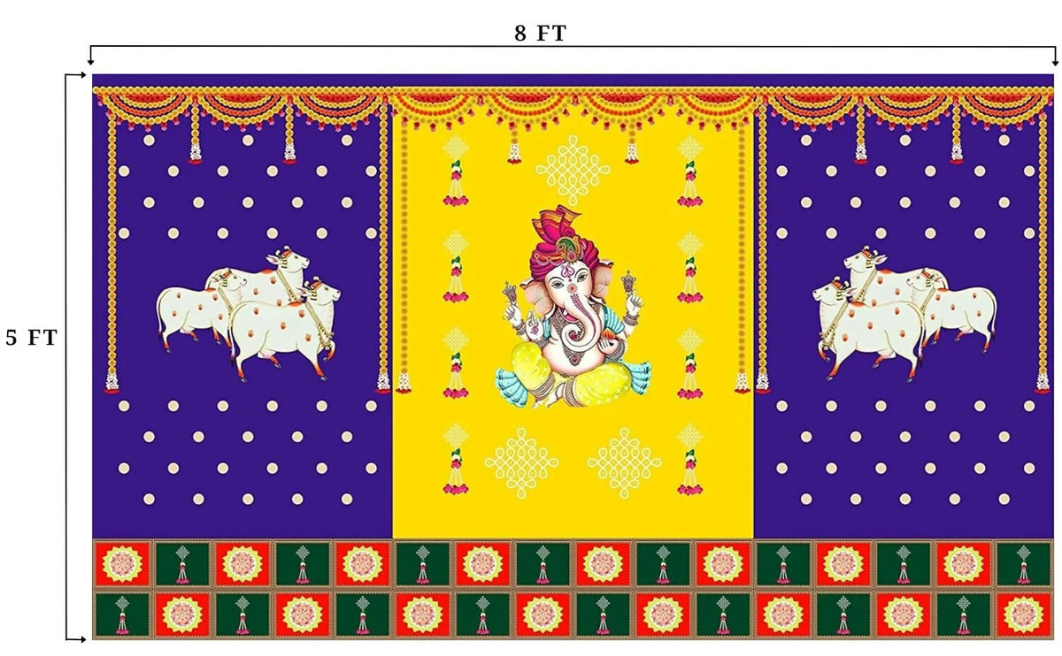Image 4 of Sri Yagnaa M 30 – Ganesh & Gomatha Blue-Yellow Backdrop Cloth, 8 x 5 Ft