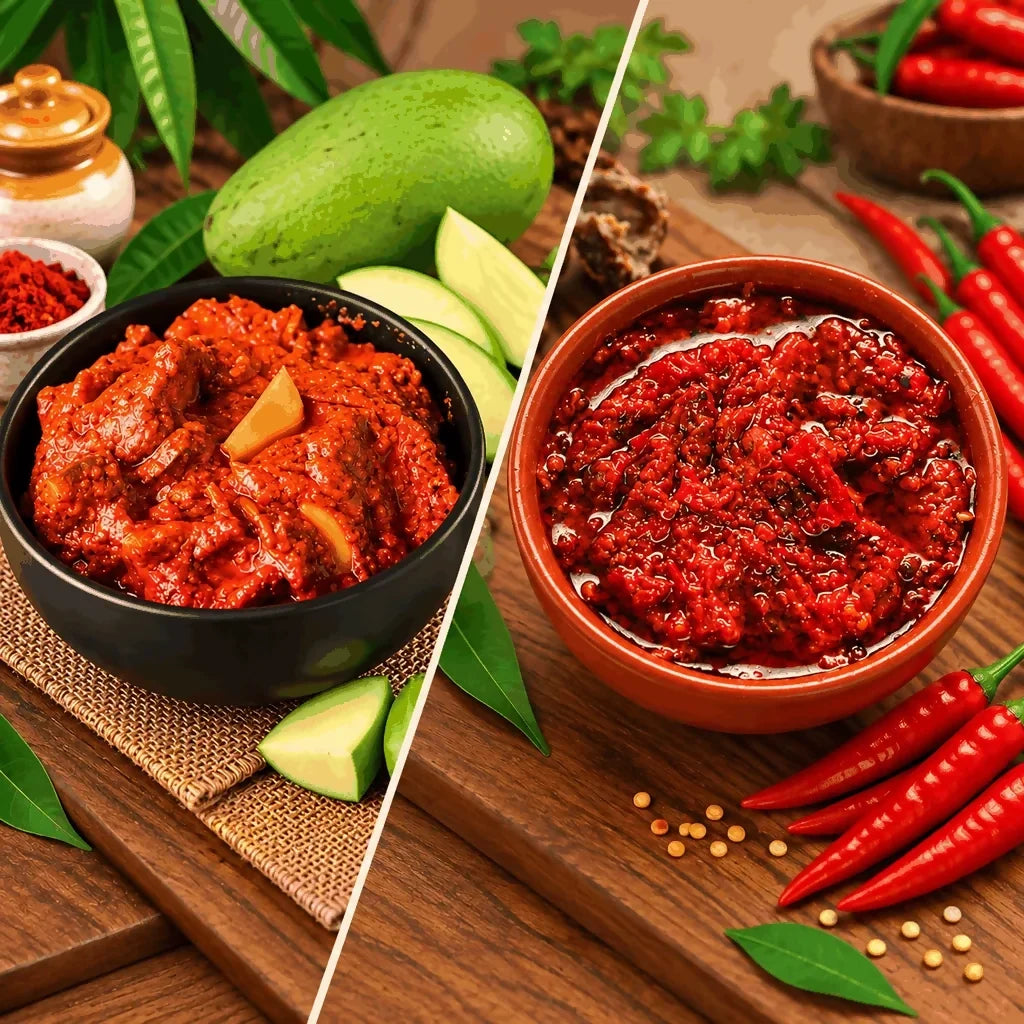 Image 1 of combo for the product Tenali Ruchulu Pickles Combo: Mango Pickle + Pandumirchi Pickle