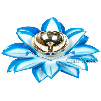 Image 3 of CraftVatika Brass Diya Oil Lamp Stand Lotus Kamal Patti Diyas - Sky Blue