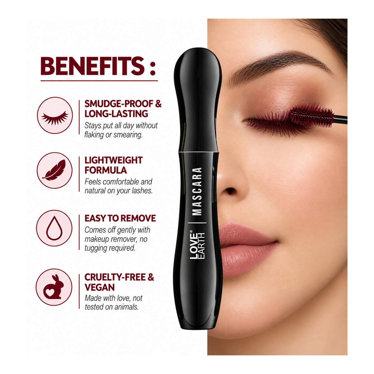 Image 2 of Love Earth Lash Max Mascara - Voluminous Lengthening & Waterproof- Burdundy